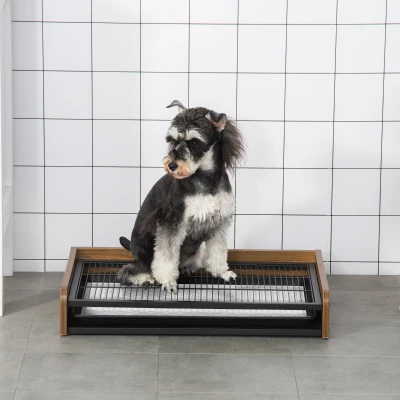 PawHut Sanita para Cães de Aço e Madeira Sanita para Adestramento de Cães Médios Pequenos com Grade e Bandeja Removível 62x45,5x11cm Marrom e Preto