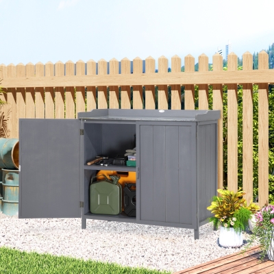 Outsunny Armário de Jardim de Madeira com Mesa de Plantação Exterior 2 Portas Fechadura Magnética e 2 Prateleiras 98x48x95,5 cm Cinza