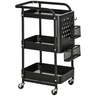 HOMCOM Carrito de Cocina con Ruedas Carro de Almacenamiento de 3 Niveles 4 Ganchos Asa 2 Cestas Colgantes y Frenos para Baño Salón Dormitorio 51,5x32x75,6 cm Negro