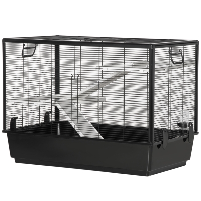 PawHut Jaula Pequeña para Roedores 80x48x58 cm Jaula para Hámster con 2 Puertas 2 Rampas 2 Plataformas Comedero y 2 Asas Portátil para Cobayas Ratoncillos Negro