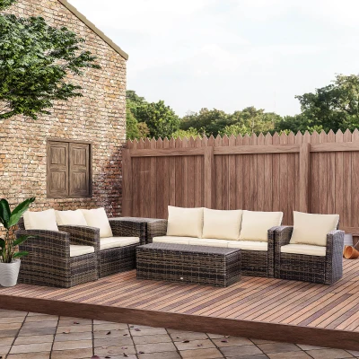 Outsunny Conjunto de Móveis de Jardim de Vime 6 Peças Sofá Duplo de 3 Lugares 2 Poltronas Individuais 2 Mesas Auxiliares com Armazenamento e Almofadas Marrom e Creme