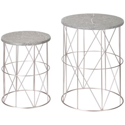 Outsunny 2tlg. Terrassentisch-Set, Metall, Rosé-Gold & Marmoroptik, Ø38 x 52,5 cm, Ø30,5 x 41,2 cm