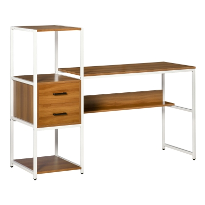 HOMCOM Escritorio con Estantes Mesa de Ordenador con Múltiples Estantes 2 Cajones y Patas Ajustables para Oficina Estudio Despacho 140x50x110 cm Nogal y Blanco