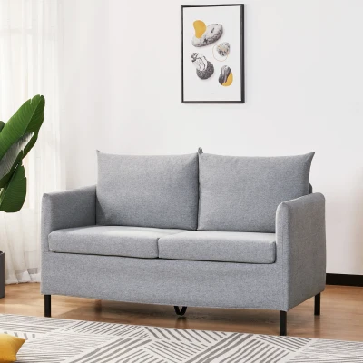 HOMCOM Sofá de 2 Lugares Estofado em Linho Sintético Sofá 2 Lugares de Sala de Estar com Almofadas Acolchoadas Apoio para os Braços e Pés de Aço 130x67x76,5cm Cinza