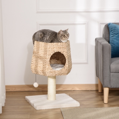 PawHut Árvore Arranhador para Gatos Pequena Altura 66cm Torre de Escalada para Gatos com Caverna de Junco Cama Superior Almofadas Poste Arranhador de Sisal e Bola Suspensa Creme e Natural