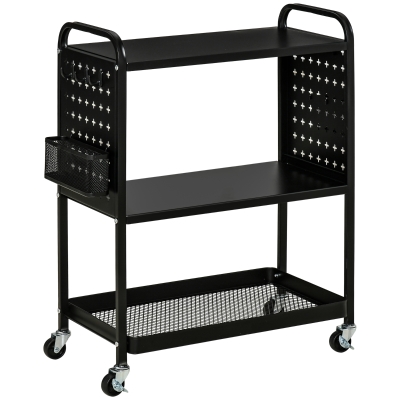 HOMCOM Carrito de Cocina con Ruedas Carro de Almacenamiento de 3 Niveles 5 Ganchos 2 Cestas Colgantes y Frenos para Baño Salón Dormitorio 70x33,4x80,5 cm Negro