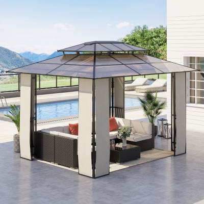 Outsunny Pérgola de Jardim 3,6x3m Pérgola de Exterior com Cobertura de Policarbonato e Estrutura de Aço Alumínio Proteção Solar para Festas Eventos Marrom