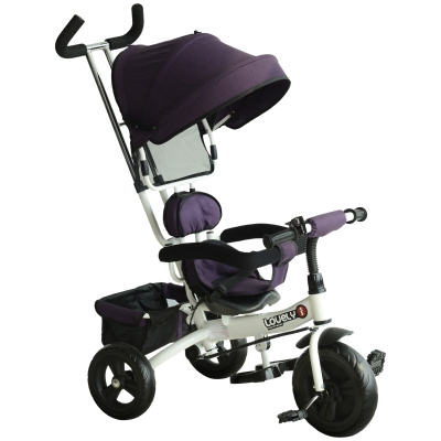HomCom Triciclo Deluxe con Maniglione e Tettuccio Parasole in Plastica e Ferro, Bianco e Viola