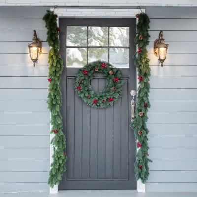 HOMCOM 1,9M kunstkerstslinger bloemdecoratie met dennenappels bessen kerstslinger spar voor trappen haard PE groen 190 x 12 x 8 cm