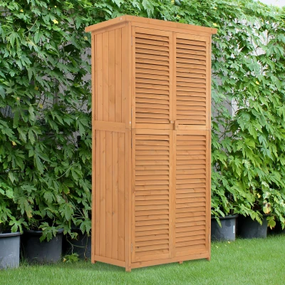 Outsunny gereedschapsschuur gereedschapsschuur met asfalt daklamellen deur gereedschapskast schuur tuin 4 vakken naturel 87 x 46.5 x 160 cm