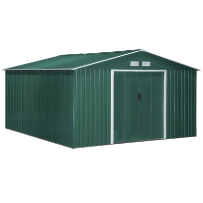 Outsunny Cobertizo de Jardín Exterior Caseta de Acero para Almacenamiento de Herramientas con Puertas Correderas y Ventilaciones 13,1 m² 340x386x200 cm Verde