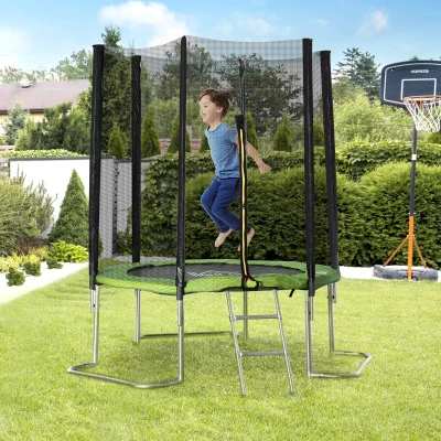 HOMCOM Cama Elástica de Jardín Ø183 cm Trampolín para Niños Adultos con Superficie de Salto Red de Seguridad Cubierta de Bordes y Escalera para Interior Exterior Verde