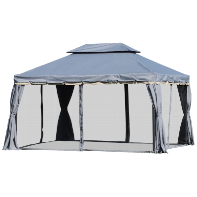 Outsunny Cenador de Jardín 4x3 m Gazebo de Aluminio con Techo de Ventilación 4 Cortinas Laterales 4 Mosquiteras y 8 Orificios de Drenaje para Fiestas Eventos Exterior Gris