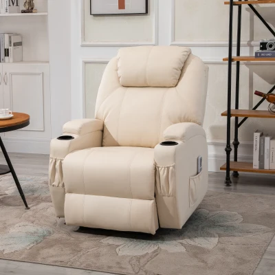 HOMCOM massagestoel, relaxstoel, tv-stoel, massagefunctie, ligfunctie, kunstleer hout metaal schuimstof, beige, 82 x 97 x 110 cm