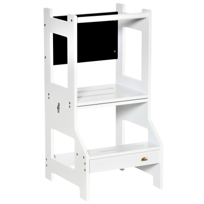 HOMCOM Torre de Aprendizaje para Niños 3-6 Años de Madera Taburete de Cocina Infantil Convertible en Escritorio con Pizarra Pedal y Barra de Seguridad para Baño 42x44x86 cm Blanco
