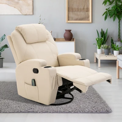HOMCOM massagestoel, relaxstoel, tv-stoel massagefunctie 5 massagestanden ligfunctie PU-leer hout metaal schuimstof crèmewit 82 x 97 x 110 cm