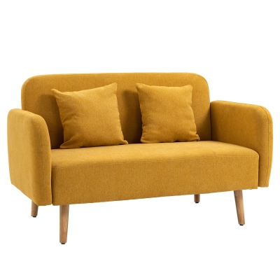 HOMCOM Doppelsofa Polsterung mit Kissen einstellbare Höhe der Fußrasten samtartiges Polyester Gummiholz Schaumstoff Natur+Gelb 130 x 70 x 80 cm