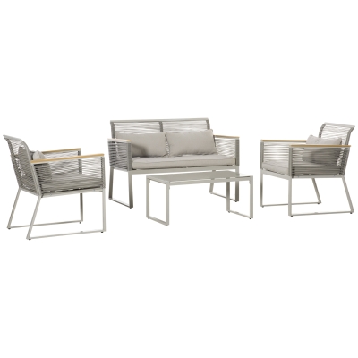 Outsunny Conjunto de Muebles de Jardín de Ratán 4 Piezas Sofá Doble 2 Sillones Individuales y Mesa de Café de Vidrio con Cojines Desenfundables para Exterior Terraza Gris