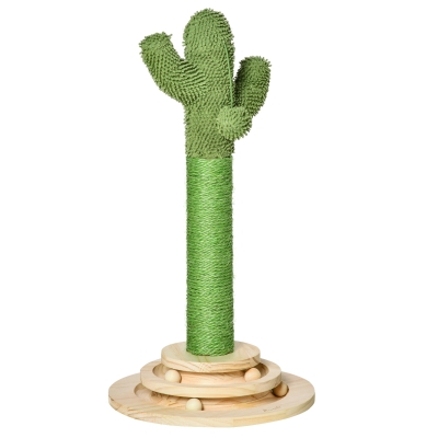 PawHut katten krabpaal cactus kattenboom grenenhout sisaltouw krabpaal met houten ballen speelgoed voor katten 60 cm hoog groen + naturel
