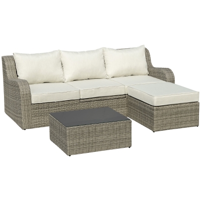 Outsunny Dreiteilige Sofagarnitur in Rattanoptik mit ausklappbarem Beistelltisch, Hellgrau+Beige