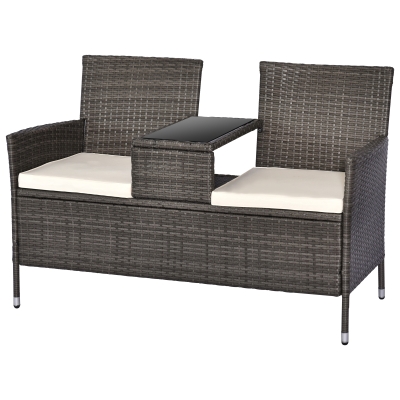 Outsunny Polyrattan Gartenbank Gartensofa Sitzbank mit Tisch 2-Sitzer Stahl GrauB133 x T63 x H84cm