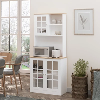 HOMCOM Armário de Cozinha com Prateleiras e Portas de Vidro  para Pequenos Eletrodomésticos e Louças 80x37x183cm Branco