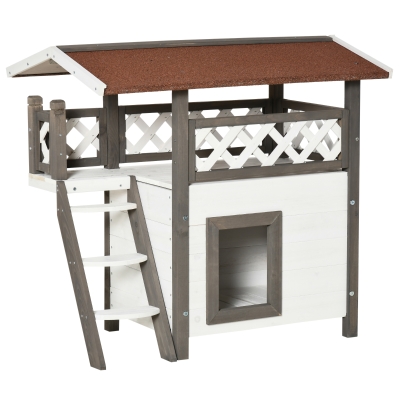 PawHut Caseta para Gatos de Madera 77x50x73 cm Casa para Gatos con 2 Niveles con Techo Asfáltico Terraza Vallada Cueva y Escalera para Interior y Exterior Blanco
