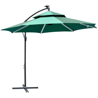 Outsunny 3(m) Cantilever Banana Parasol Hanging Umbrella with LED Solar lights, Crank, 8 Sturdy Ribs and Cross Base for Outdoor, Garden, Patio, Green