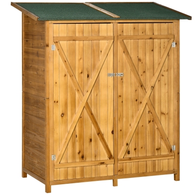 Outsunny Caseta de Jardín de Madera 140x75x160 cm Cobertizo para Almacenaje de Herramientas con Techo Asfáltico Estantería y 2 Puertas con Cerrojo para Exterior Terraza Natural