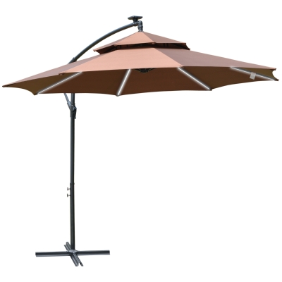 Outsunny 3(m) Cantilever Banana Parasol Hanging Umbrella with LED Solar lights, Crank, 8 Sturdy Ribs and Cross Base for Outdoor, Garden, Patio, Coffee