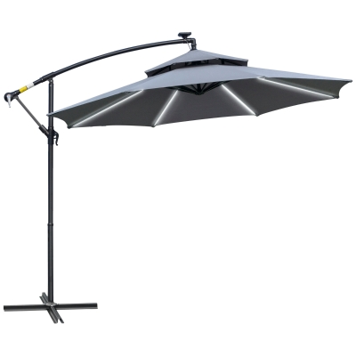 Outsunny 3(m) Cantilever Banana Parasol Hanging Umbrella with LED Solar lights, Crank, 8 Sturdy Ribs and Cross Base for Outdoor, Garden, Patio, Grey