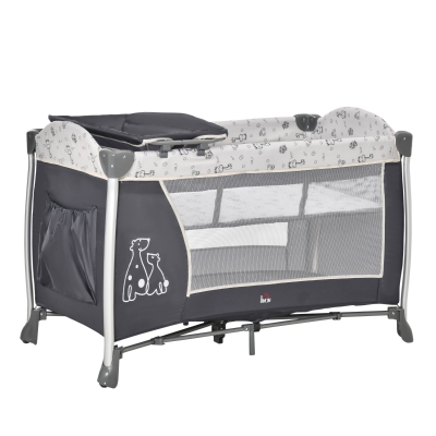 HOMCOM Cuna de Viaje Plegable para Bebes y Niños hasta 15 kg con 2 Ruedas y Bolsillo Lateral Cuna Portátil con Bolsa de transporte Parque de juegos 124x66x77,5 cm Gris