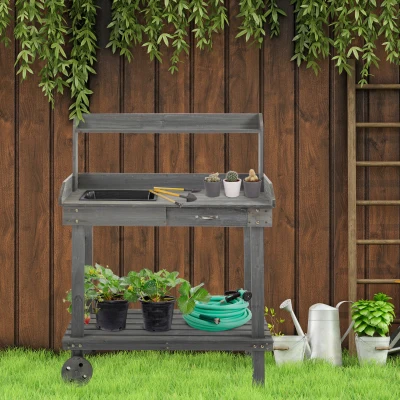 Outsunny 36.25"x17.75"x46.75'' Wooden Potting Bench Table Gardening Plant Workstation Natural Solid Wood with Drawer Sink Hook Open Shelf for Outside Patio Lawn Garden, Gray
