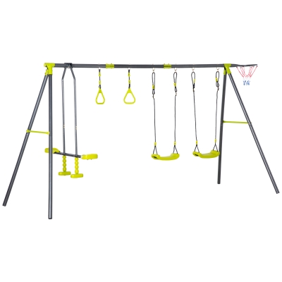 Outsunny 5 IN 1 Kids Garden Swing Set for Backyard, Outdoor Play Equipment, w/ Adjustable Swing Seats, Seesaw, Basket Hoop, Gym Rings, A-Frame Metal Stand, for Ages 3-10 Years
