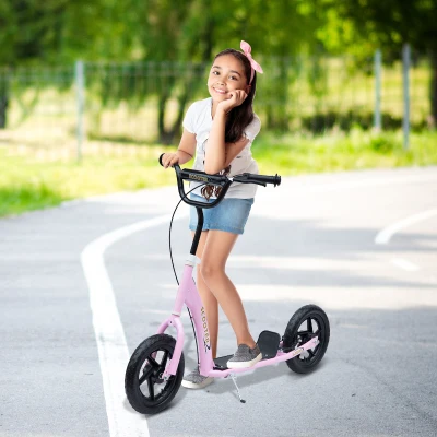 HOMCOM Kids Scooter Kick Scooter with 12" EVA Tyres, Rear Brake, Big Wheels Scooter for 5-12 Years Old, Pink