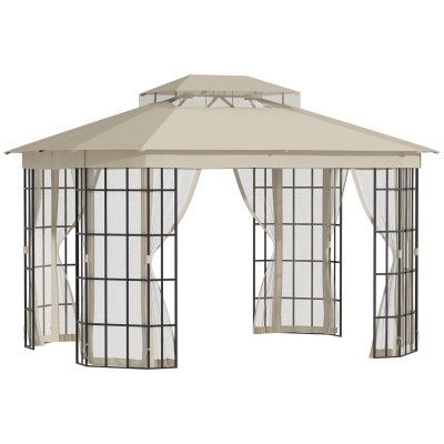 Outsunny Pavillon Gartenpavillon 3,65 x 3 m Gartenzelt Festzelt Partyzelt mit 4 x Moskitonetz atmungsaktivem Doppeldach Metall Polyester Schwarz+Beige
