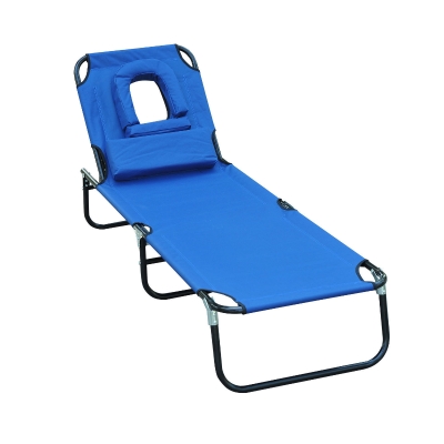 Outsunny Sun Lounger Foldable Reclining Chair with Pillow and Reading Hole Garden Beach Outdoor Recliner Adjustable Blue