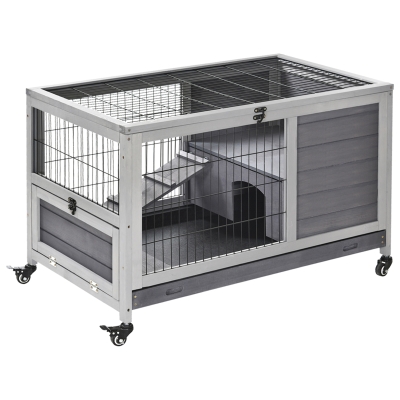 PawHut Wooden Indoor Rabbit Hutch Elevated Bunny Cage with Enclosed Run W/ Wheels