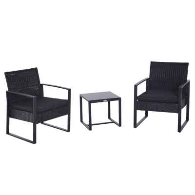 Outsunny Set Mobili in Rattan da Esterno Tavolino con 2 Sedie con Cuscini, Nero
