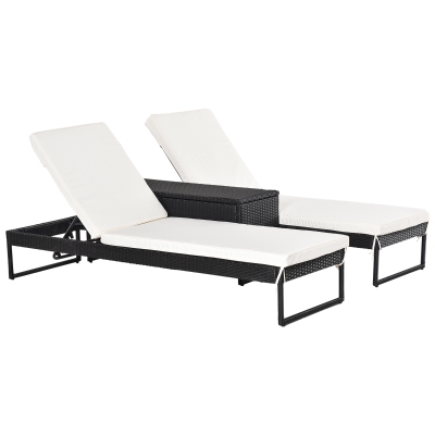 Outsunny 3 Piece Rattan Wicker Adjustable Chaise Lounge Chair with Cushions Set- Black/Cream White