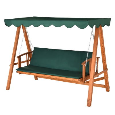 Outsunny 3 Seater 2-in-1 Wooden Garden Swing Chair Seat Outdoor Convertible Hammock Bench Furniture Lounger Bed Wood, Dark Green