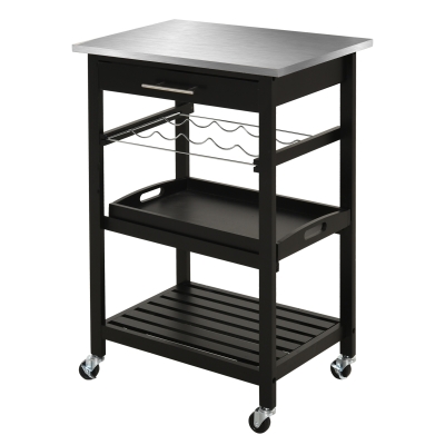Desserte de cuisine multi-rangements plateau acier inox. MDF pin noir