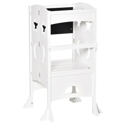 HOMCOM Torre de Aprendizaje para Niños 3-6 Años de Madera Taburete de Cocina Infantil Plegable con Pizarra Pedal y Barra de Seguridad para Baño 56,5x56,5x94 cm Blanco