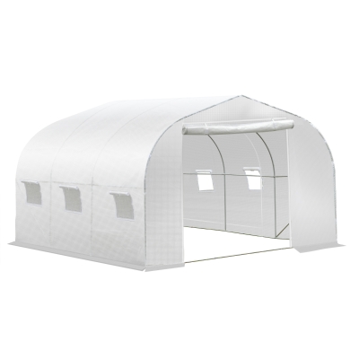 Outsunny Serre Tunnel de Jardin dim. 3,5L x 3l x 2H m Porte + 6 fenêtres enroulables Acier galvanisé bâche PE Haute densité Blanc
