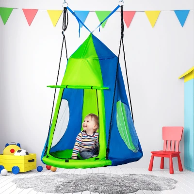 Outsunny Nest Swing with Tent Ø100 cm Garden Swing with Door and Window Disc Swing Children's Swing Kids Round Swing up to 200 kg Load Metal Green+Blue