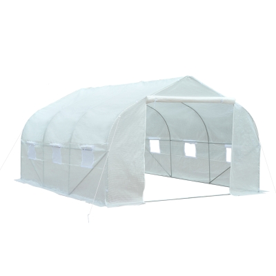 Outsunny Serre Tunnel de Jardin dim. 4,45L x 2,99l x 2H m Porte + 6 fenêtres enroulables Acier galvanisé bâche PE Haute densité Blanc