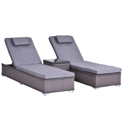 Outsunny PE Rattan 2-Seater Outdoor Garden Sun Lounger Set w/ Side Table Grey