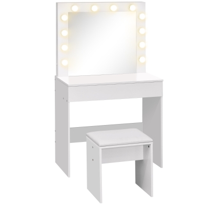 Homcom Set Tavolo da Trucco con Specchio 12 Luci LED Cassetto e Sgabello in Legno Bianco