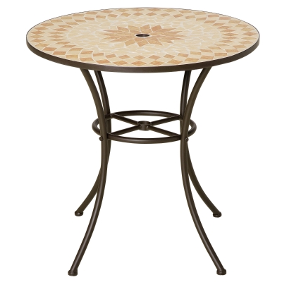 Outsunny Mesa de Jardim Redonda Mesa Auxiliar de Mosaico com Pés de Metal com Orifício para Chapéu de Sol para Pátio Terraço Ø75x75 Bege e Marrom