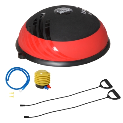 HOMCOM Bola de Equilíbrio Meia Bola de Ioga com 2 Cordas de Resistência 6 Almofadas Antiderrapantes e Inflador Carga Máxima 100kg para Exercício em Casa Academia 58x58x20cm Preto e Vermelho